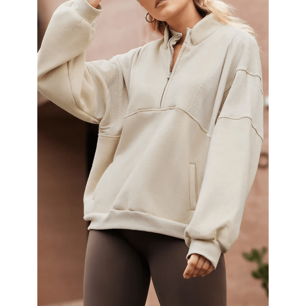 Lexy Apricot Half Zip Stand Collar Exposed Seam Solid Color Casual Sweatshirt