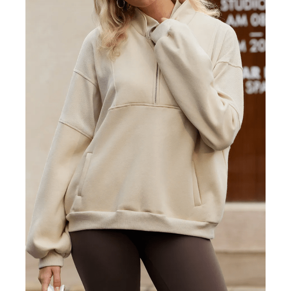 Lexy Apricot Half Zip Stand Collar Exposed Seam Solid Color Casual Sweatshirt