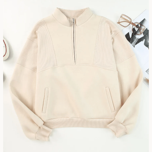 Lexy Apricot Half Zip Stand Collar Exposed Seam Solid Color Casual Sweatshirt