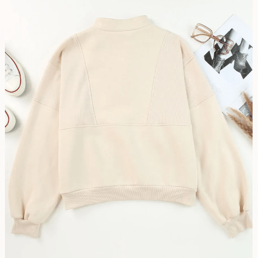 Lexy Apricot Half Zip Stand Collar Exposed Seam Solid Color Casual Sweatshirt