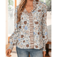 Carlene Brown Plaid Frilled Trim V Neck Floral Long Sleeve Blouse