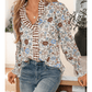 Carlene Brown Plaid Frilled Trim V Neck Floral Long Sleeve Blouse