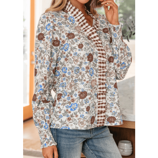 Carlene Brown Plaid Frilled Trim V Neck Floral Long Sleeve Blouse