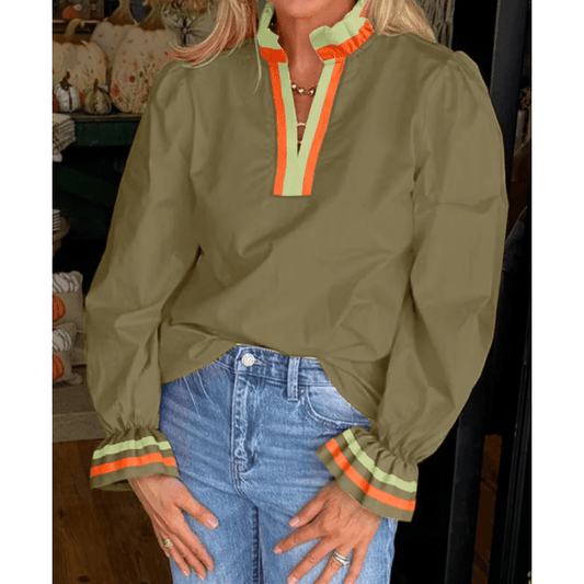 Jewell Flour Leaf Clover Striped Trim Ruffle Split Neck Long Sleeve Blouse