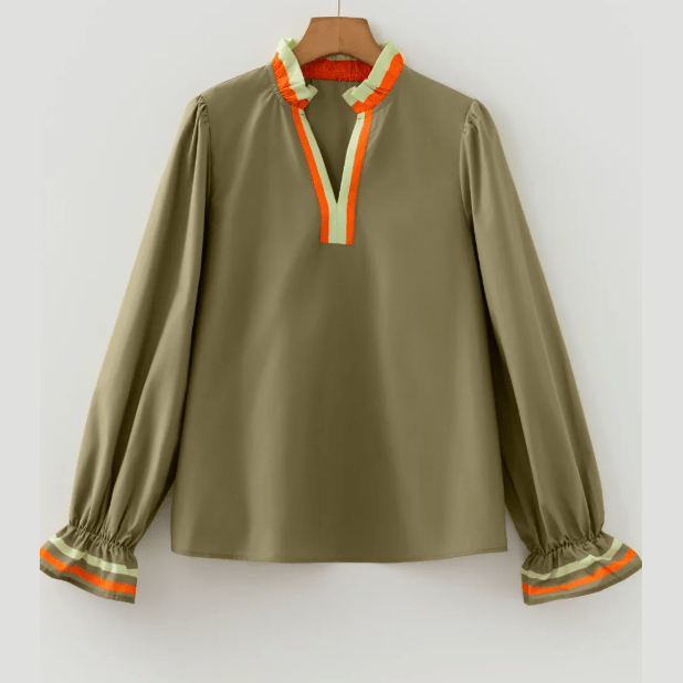 Jewell Flour Leaf Clover Striped Trim Ruffle Split Neck Long Sleeve Blouse