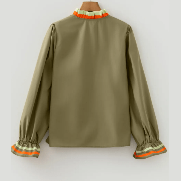 Jewell Flour Leaf Clover Striped Trim Ruffle Split Neck Long Sleeve Blouse