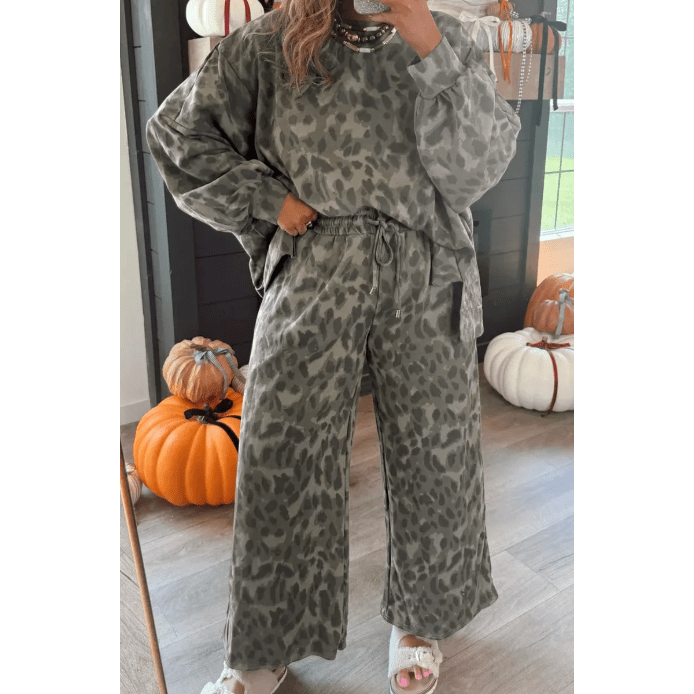 Sadee Grey Leopard Print Raw Seam Patchwork Pullover Drawstring Loose Pant Set