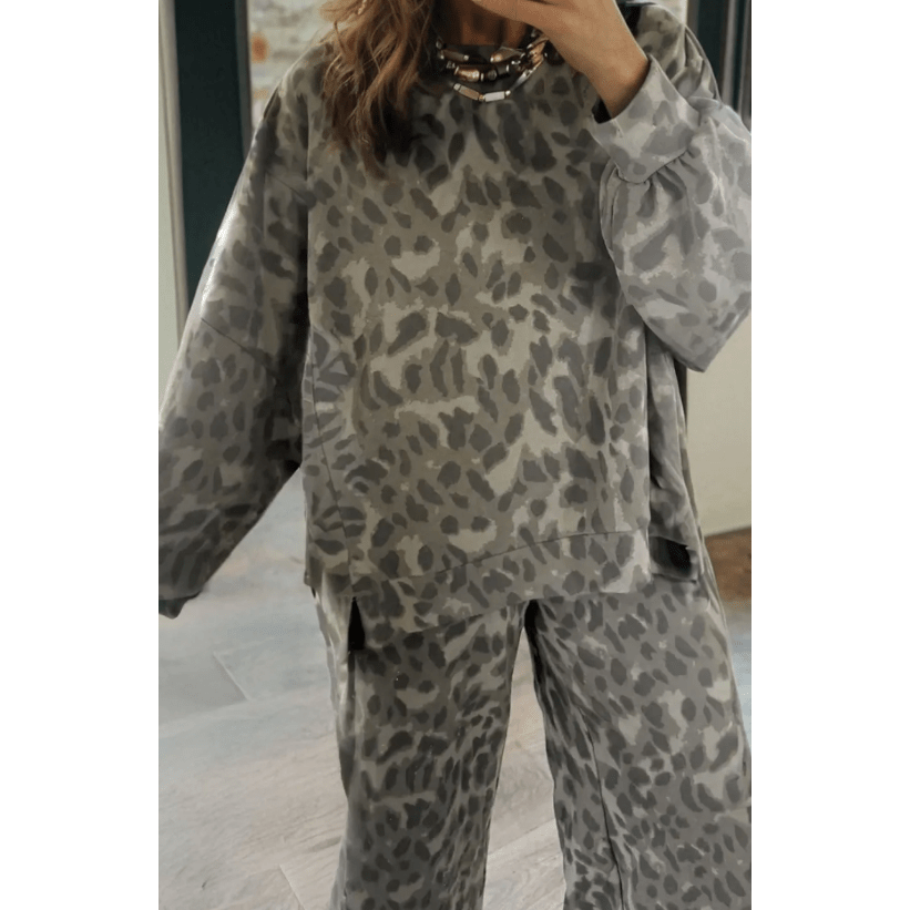 Sadee Grey Leopard Print Raw Seam Patchwork Pullover Drawstring Loose Pant Set