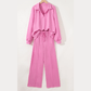 Ingrid Pink Polo Collar V Neck Pullover and Drawstring Sweatpants Set