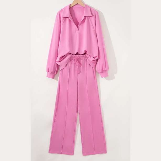 Ingrid Pink Polo Collar V Neck Pullover and Drawstring Sweatpants Set