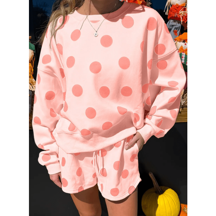 Marci Pink Polka Dot Print Drop Shoulder Pullover Drawstring Shorts Set