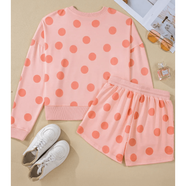 Marci Pink Polka Dot Print Drop Shoulder Pullover Drawstring Shorts Set