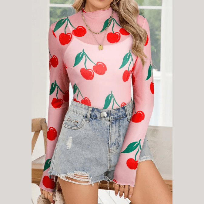 Pink Cherry Print Lettuce Trim Long Sleeve Mesh Top