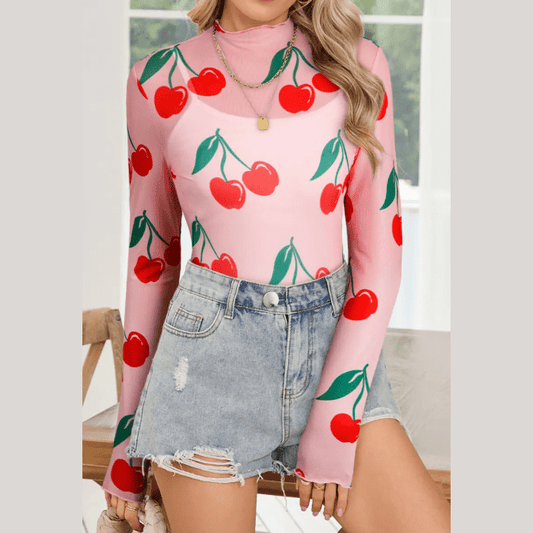 Pink Cherry Print Lettuce Trim Long Sleeve Mesh Top