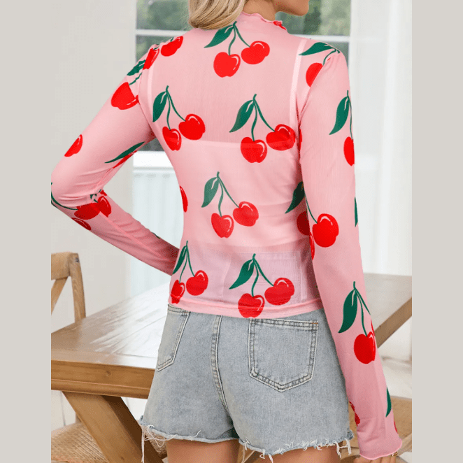 Pink Cherry Print Lettuce Trim Long Sleeve Mesh Top