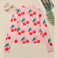 Pink Cherry Print Lettuce Trim Long Sleeve Mesh Top