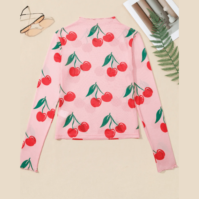 Pink Cherry Print Lettuce Trim Long Sleeve Mesh Top