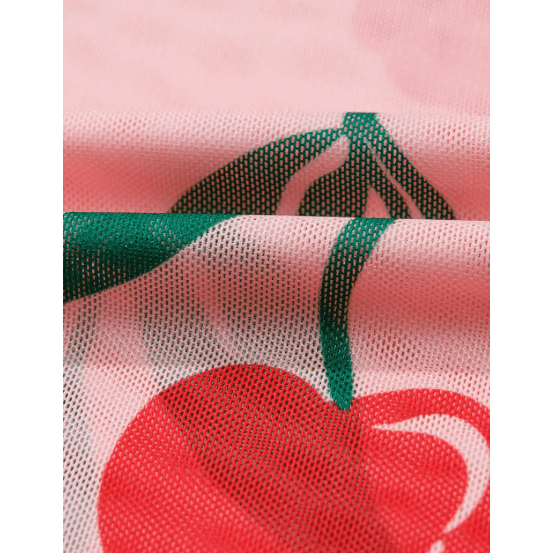 Pink Cherry Print Lettuce Trim Long Sleeve Mesh Top