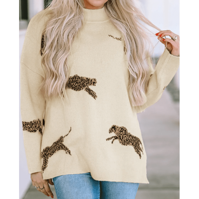 Lucilla Apricot Lively Cheetah Print High Neck Split Hem Sweater