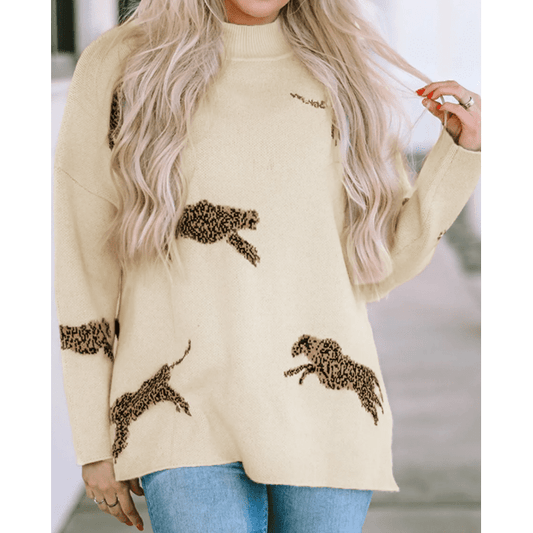 Lucilla Apricot Lively Cheetah Print High Neck Split Hem Sweater