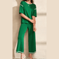 Tatina Kelly Green Contrast Trim Half Sleeve Top Drawstring Pants Loose 2pcs Sweater Suit