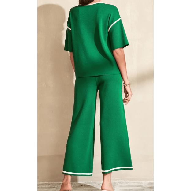Tatina Kelly Green Contrast Trim Half Sleeve Top Drawstring Pants Loose 2pcs Sweater Suit