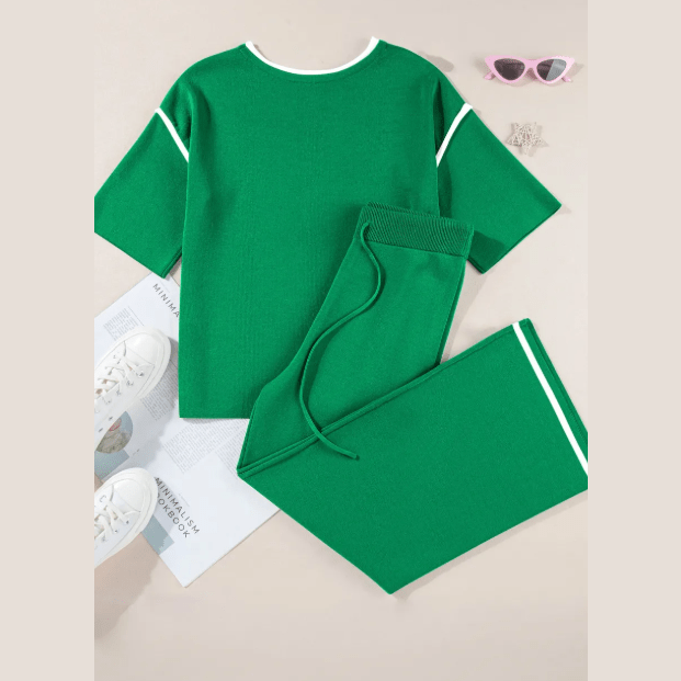 Tatina Kelly Green Contrast Trim Half Sleeve Top Drawstring Pants Loose 2pcs Sweater Suit