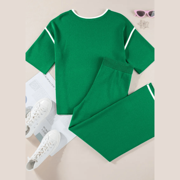 Tatina Kelly Green Contrast Trim Half Sleeve Top Drawstring Pants Loose 2pcs Sweater Suit