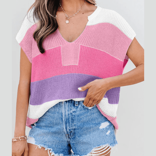 Elena Pink Color Block Notch V Neck Sweater T Shirt