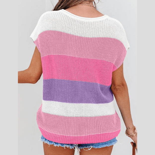 Elena Pink Color Block Notch V Neck Sweater T Shirt