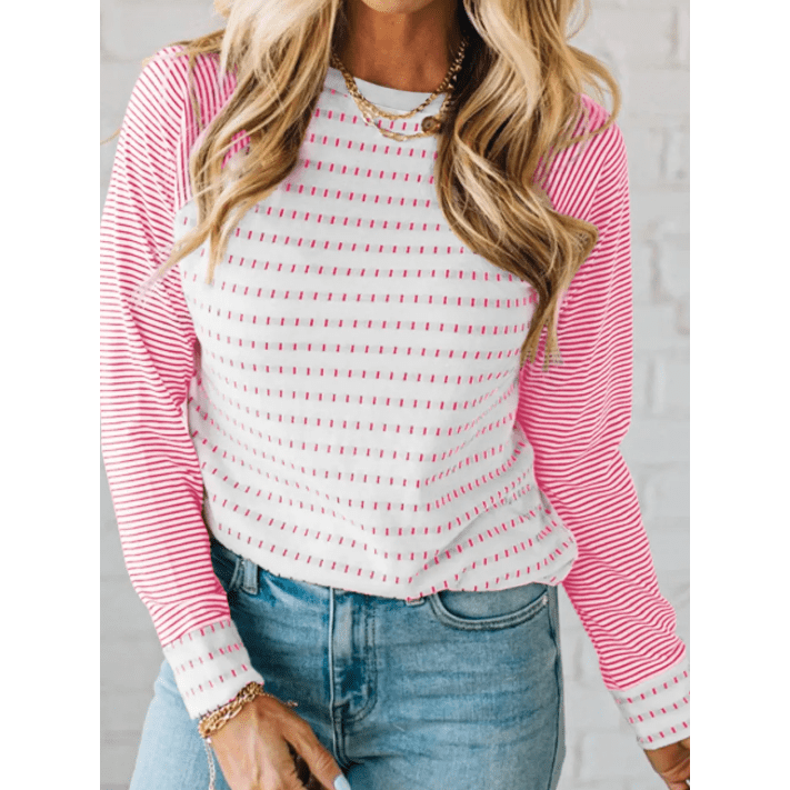 Rachelle Pink Stripe Raglan Patchwork Long Sleeve Tee