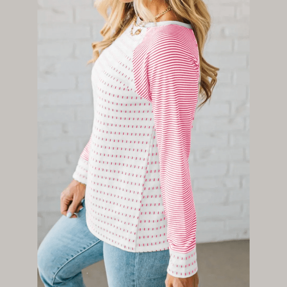 Rachelle Pink Stripe Raglan Patchwork Long Sleeve Tee