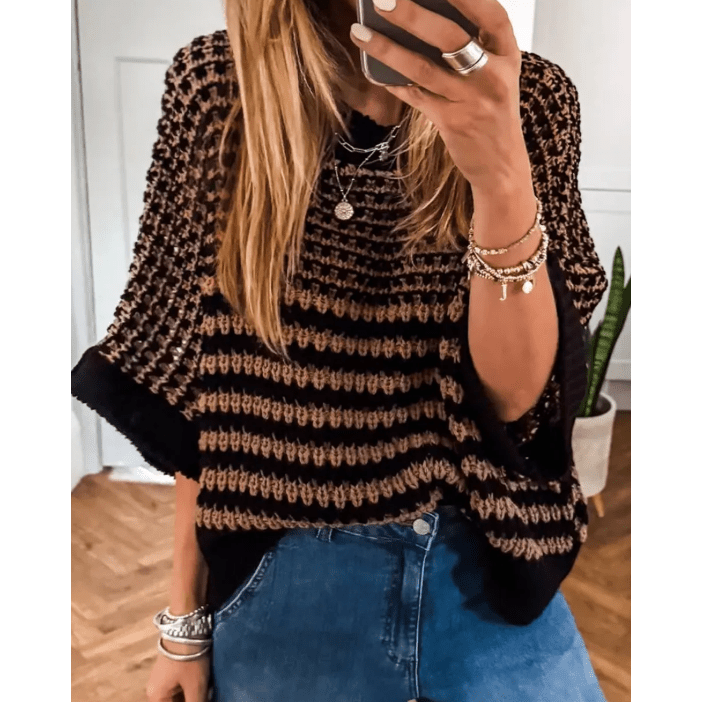 Lisabella Black Stripe 3/4 Draped Sleeve Slouchy Sweater