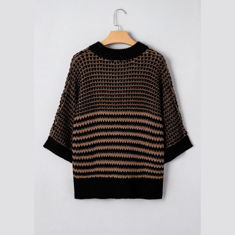 Lisabella Black Stripe 3/4 Draped Sleeve Slouchy Sweater