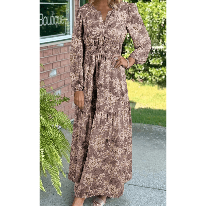 RTS Nixie Brown Floral Print Smocked High Waist Long Sleeve Maxi Dress