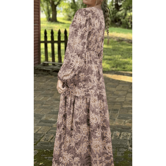 RTS Nixie Brown Floral Print Smocked High Waist Long Sleeve Maxi Dress