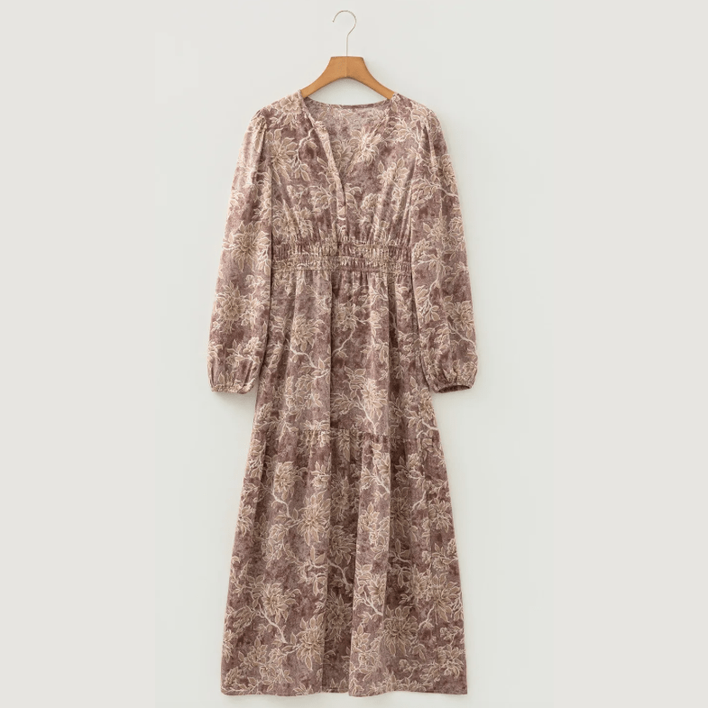 RTS Nixie Brown Floral Print Smocked High Waist Long Sleeve Maxi Dress