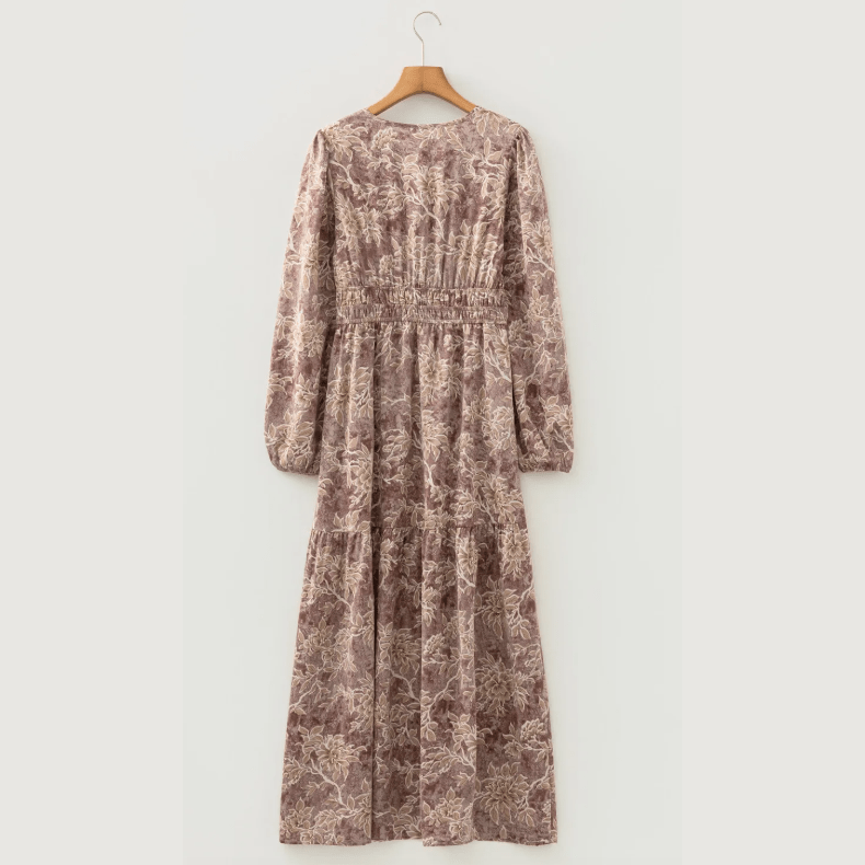 RTS Nixie Brown Floral Print Smocked High Waist Long Sleeve Maxi Dress