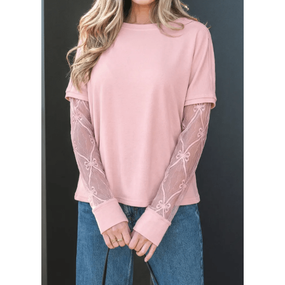 Alyse Pink Bow Textured Patchwork Long Sleeve Tee