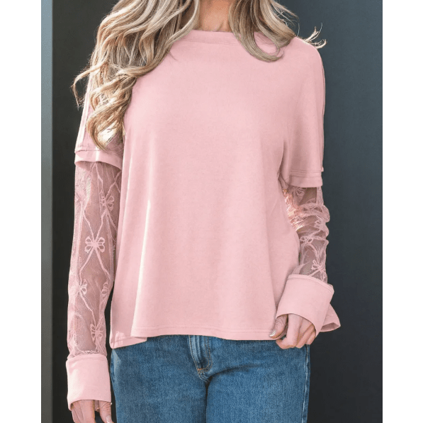 Alyse Pink Bow Textured Patchwork Long Sleeve Tee