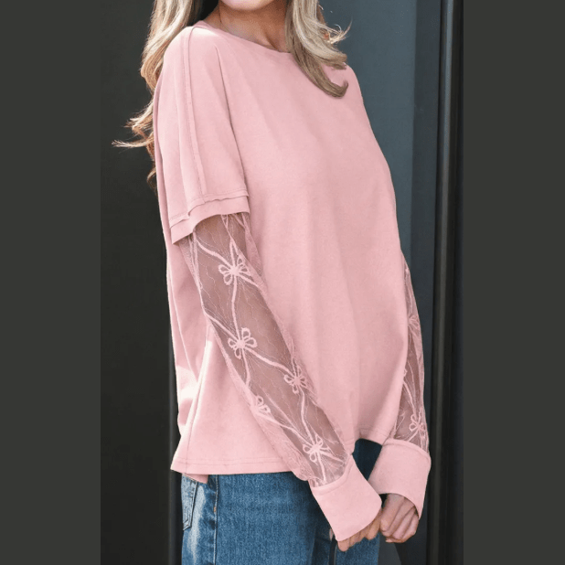 Alyse Pink Bow Textured Patchwork Long Sleeve Tee