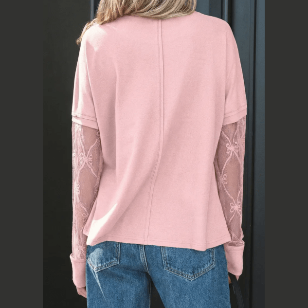 Alyse Pink Bow Textured Patchwork Long Sleeve Tee