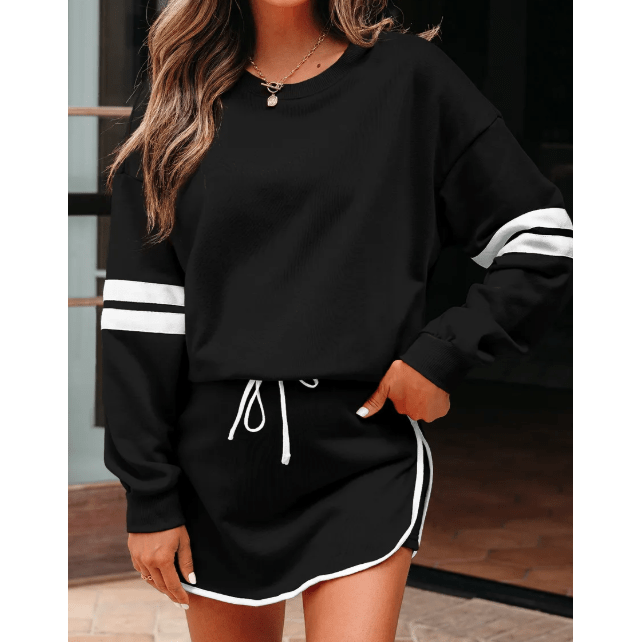 Lissa Black Varsity Stripe Detail Drop Shoulder Pullover Mini Skort Set