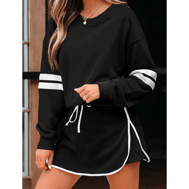 Lissa Black Varsity Stripe Detail Drop Shoulder Pullover Mini Skort Set