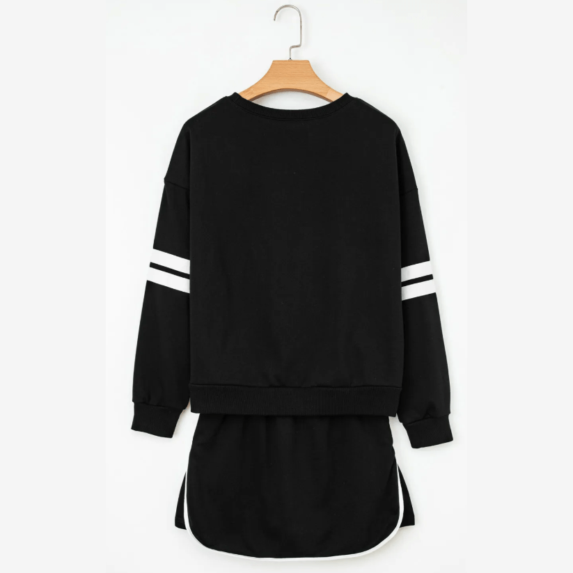 Lissa Black Varsity Stripe Detail Drop Shoulder Pullover Mini Skort Set