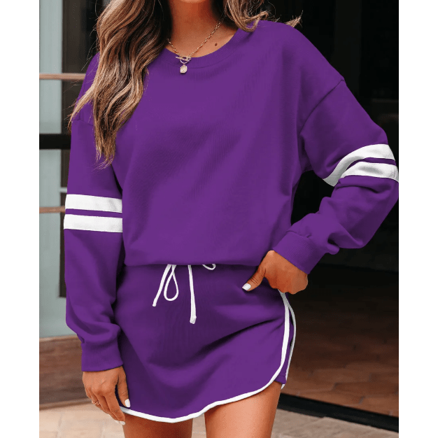 Lissa Purple Varsity Stripe Detail Drop Shoulder Pullover Mini Skort Set