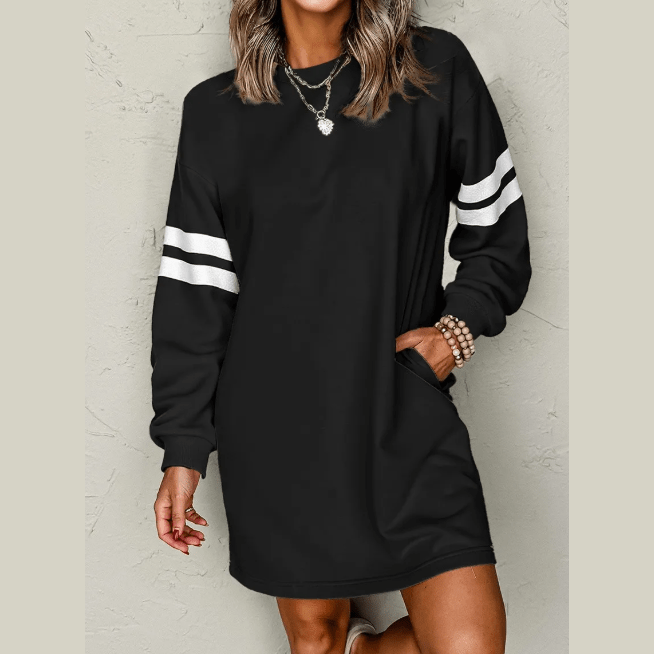 Black Varsity Contrast Banded Sleeve Shift Sweatshirt Dress