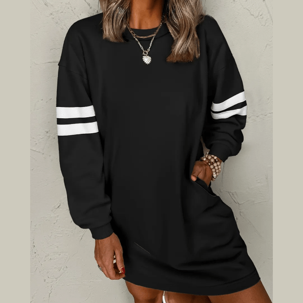 Black Varsity Contrast Banded Sleeve Shift Sweatshirt Dress