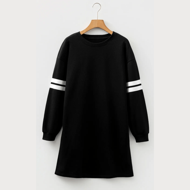 Black Varsity Contrast Banded Sleeve Shift Sweatshirt Dress