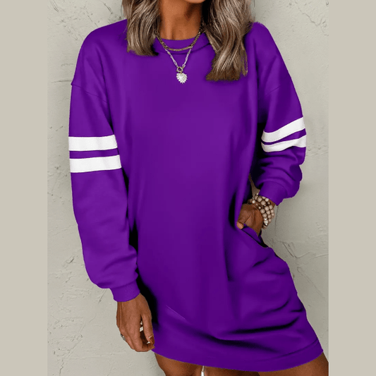 Purple Varsity Contrast Banded Sleeve Shift Sweatshirt Dress